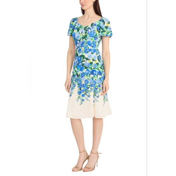 Maggy London  Floral Blue and Cream A Line Dress - Picture 1 of 5